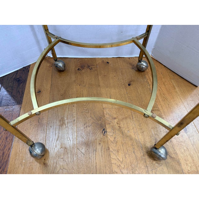 Mid Century Brass and Glass Oval Bar Cart Tea Cart on Castors For Sale - Image 4 of 6
