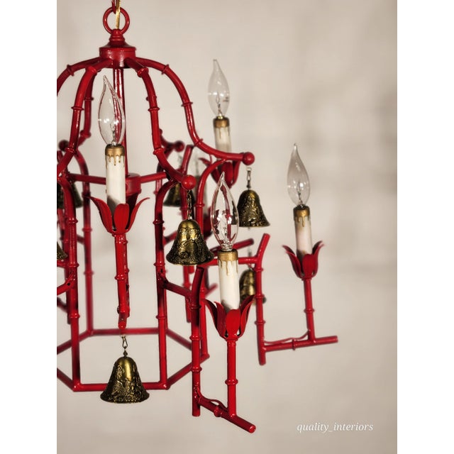 Metal Faux Bamboo Pagoda Hollywood Regency Birdcage 9 Light Chandelier Brass Bells For Sale - Image 7 of 10