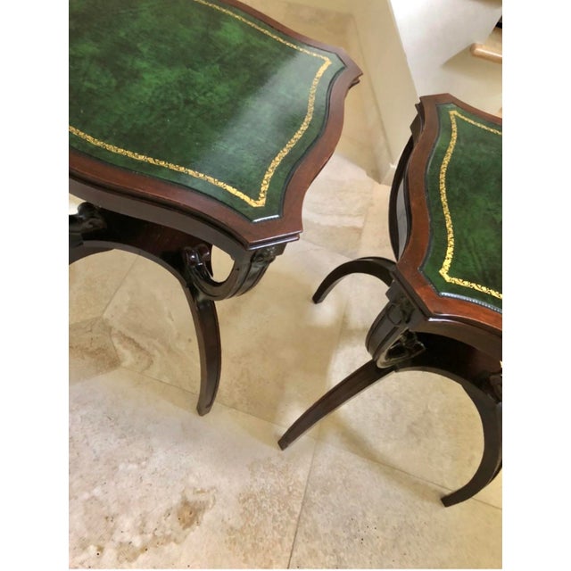 Vintage 1900’s-1940’S Mahogany Green Top Brass Gold Embossed End Tables - a Pair For Sale - Image 13 of 13