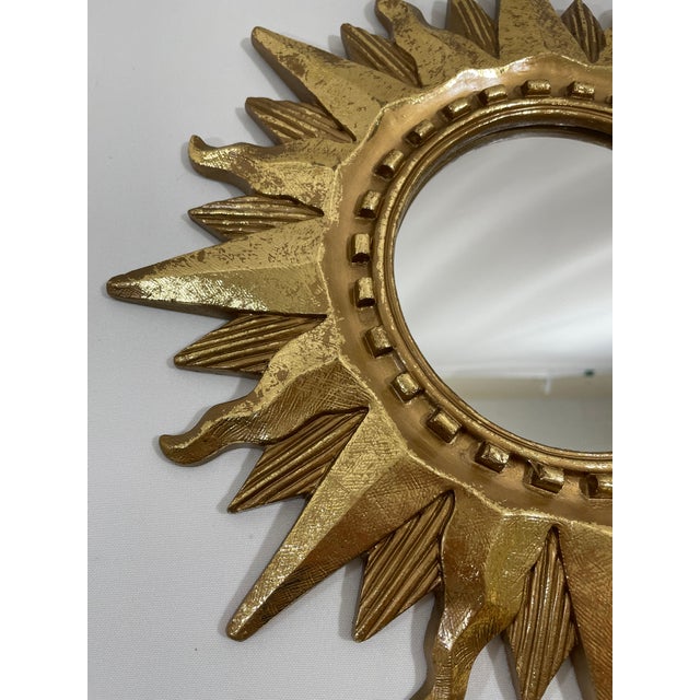 Glass Vintage Bright Gold 13" Sunburst Wall Accent Mirror For Sale - Image 7 of 17