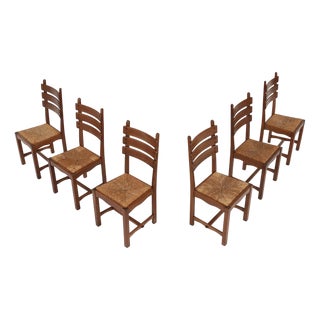 Brutalist Dining Chairs in Oak and Wicker, 1950s, Set of 6 For Sale