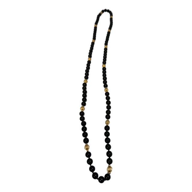 Round Bead Black Onyx & 14 Karat Gold Bead Necklace For Sale