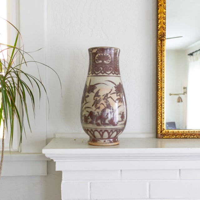 Asian Antique Large Early 20th Century Ming Style Vase With Mauve Cranes and Lotus Flowers For Sale - Image 3 of 11