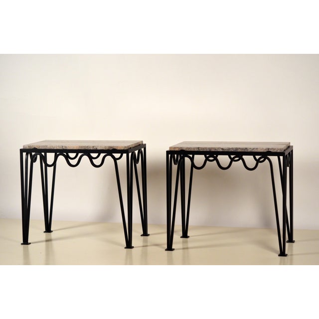 Modern Méandre' Black Iron and Silver Travertine Side Tables by Design Frères - a Pair For Sale - Image 3 of 10