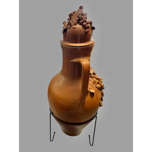 Antique Italian Terra Cotta Covered Urn Vase Grape Vine Relief 2 Handle Decorative Jar For Sale - Image 4 of 12