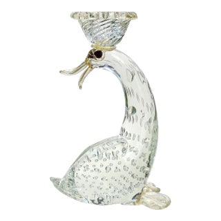 Antique Barovier Toso Murano Crystal Clear Gold Flecks Italian Art Glass Duck Candlestick Sculpture For Sale