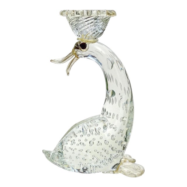 Antique Barovier Toso Murano Crystal Clear Gold Flecks Italian Art Glass Duck Candlestick Sculpture For Sale