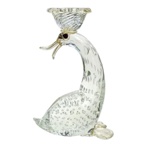 Murano Barovier Toso Antique Crystal Clear Gold Flecks Italian Art Glass Duck Candlestick Sculpture