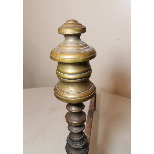 Pair 18th Century Turned Peened Brass Wrought Iron Georgian Andirons 1700's For Sale - Image 4 of 12
