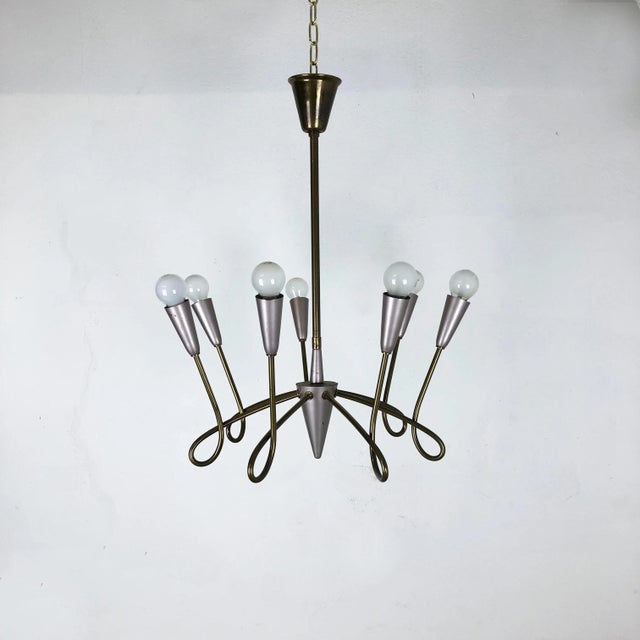 Large Italian Brass Hanging Chandelier Light Sconces in the Style of Stilnovo, 1950s For Sale - Image 3 of 18