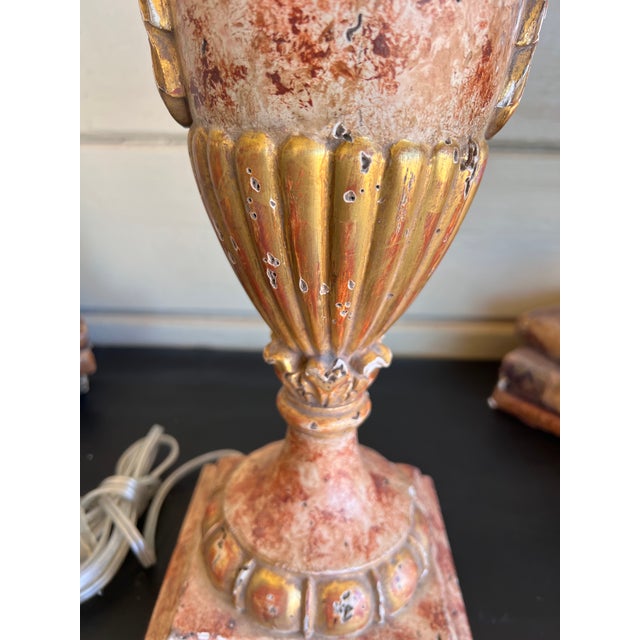 Fine Antique Italian Neoclassical Giltwood & Faux Hand Painted Marble Carved Urn Table Lamp For Sale - Image 4 of 11