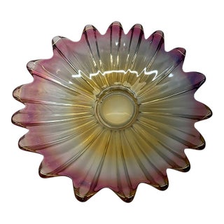 Vintage Art Deco Style Iridescent Ruffled Amber & Magenta Glass Bowl For Sale