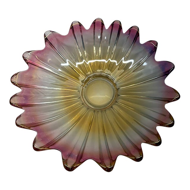 Vintage Art Deco Style Iridescent Ruffled Amber & Magenta Glass Bowl For Sale