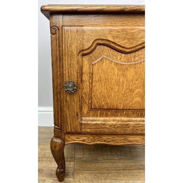 Wood French Louis Oak Bedside Tables with Marble Tops, Set of 2 For Sale - Image 7 of 11