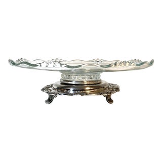 Vintage Beaded Curved Lip/Rim Clear Glass Lazy Susan W/ Footed Silverplate Base For Sale