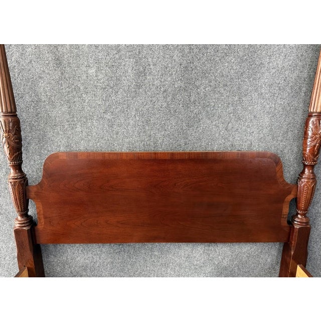 Vintage Banded Mahogany Queen Size Rice Carved Poster Bed For Sale - Image 4 of 8