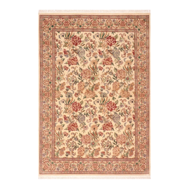 Shabby Chic 1990's Floral Pak-Persian Beige/Gold Wool Rug - 6'0'' X 9'1'' For Sale