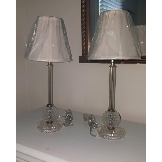Pair of carved rose quartz dressing table lamps with custom silk shades