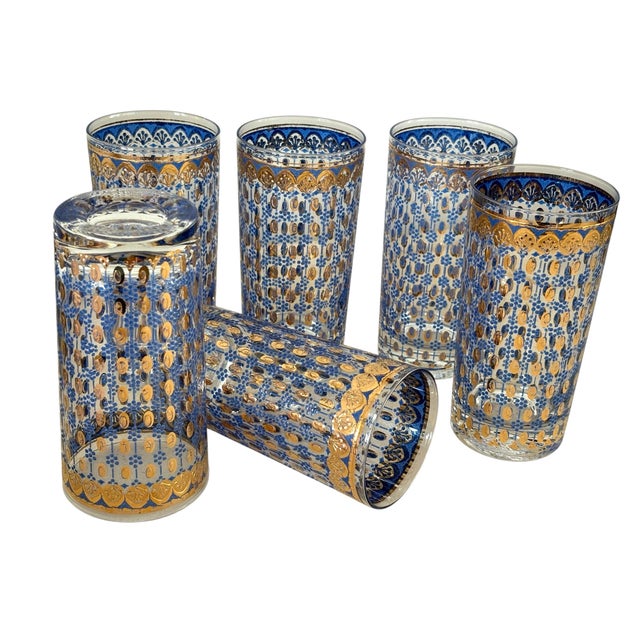 Vintage mid century glass tumblers. Vibrant royal blue and gold design. Has some Moroccan vibes to the mid century design....