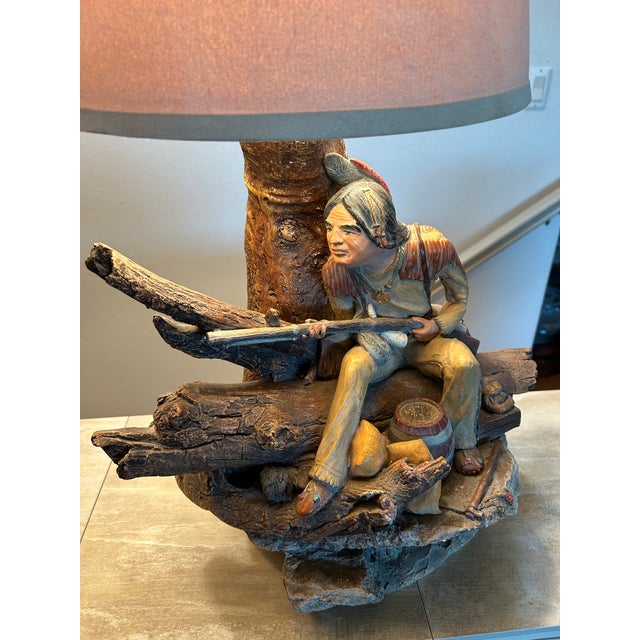 Vintage Rustic Cabin Apsit of California American Indian Scenes Chalk Lamps - Set of 2 For Sale - Image 4 of 9