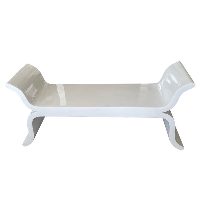 Wood Regency Style White Lacquered Over Wood Scrolled Curved Bench Restored 90's For Sale - Image 7 of 7