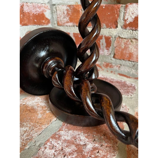 Pair Set Antique English Oak Open Barley Twist Candlesticks Candle Holder Brass For Sale In Dallas - Image 6 of 12