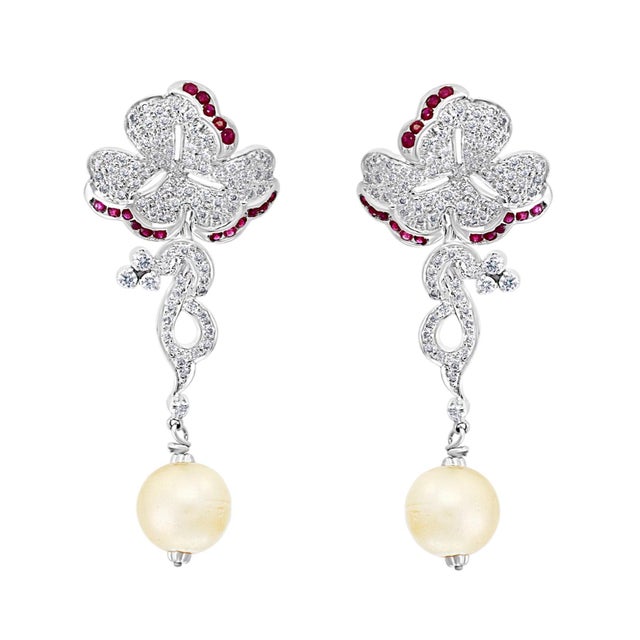 Pearl Ruby and Diamond Necklace and Earrings 18 Karat White Gold, Suite, Estate For Sale - Image 17 of 18