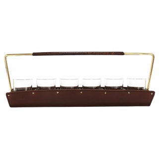 Drinking Glass Carrying Rack in Leather & Brass attributed to Carl Auböck, Austria, 1950s For Sale