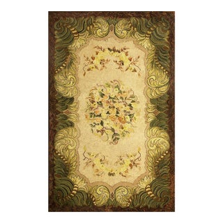 1930s Ivory Floral Medallion Antique American Hooked Rug 3'11" X 6'4" Handknotted Wool Carpet For Sale