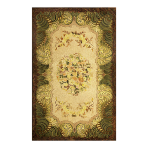 1930s Ivory Floral Medallion Antique American Hooked Rug 3'11" X 6'4" Handknotted Wool Carpet