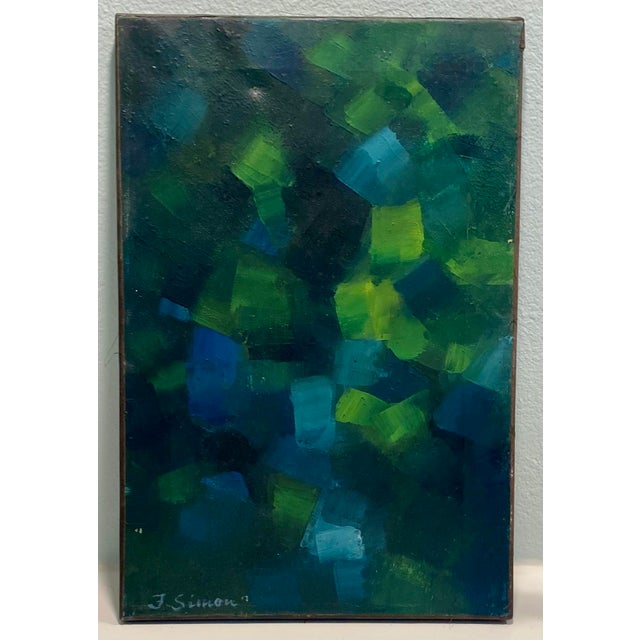 Excellent vintage abstract painting. Oil on canvas measures 12” x 18”. Unframed.Signed lower left. Also has some writing...