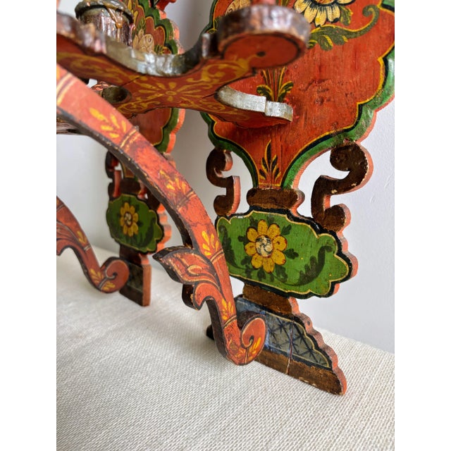 Antique European Hand Painted Wood Folk Art Candle Sconces- a Pair For Sale - Image 4 of 17
