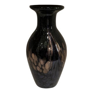 Vintage Murano Style Hand Blown Black Iridescent Art Glass Vase For Sale