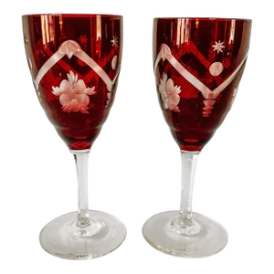 1950s Vintage Czechoslovakian Red Crystal Wine Glasses a Pair