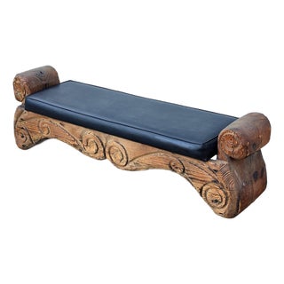 Mid-Century William Westenhaver for Witco Attributed Tiki Polynesian Black Faux Leather & Carved Bench For Sale