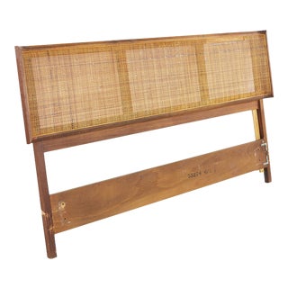 Mid Century Cane and Walnut Queen Headboard For Sale