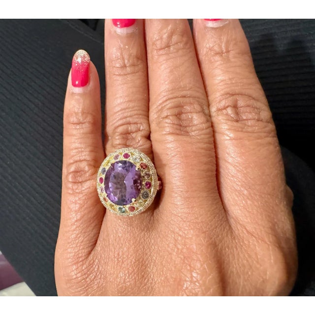 Purple 5.62 Carat Natural Amethyst Diamond Sapphire Yellow Gold Cocktail Ring, Size 7 For Sale - Image 8 of 8
