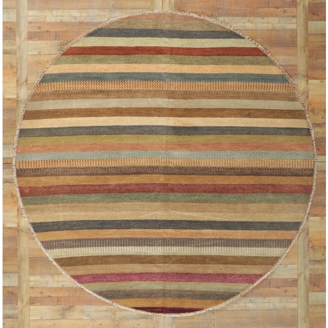 Tan Striped Round Area Rug - 08'11 X 09'00 For Sale - Image 8 of 9