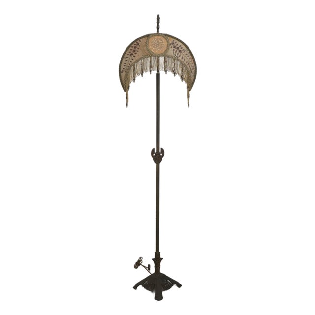 Vintage Art Deco Metal Floor Lamp W. Beaded Shade For Sale