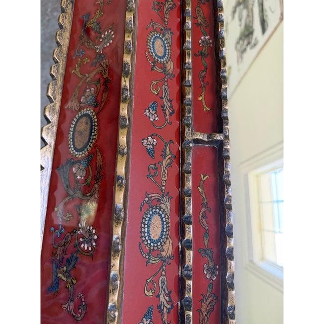 Baroque Large Vintage Peruvian Reverse-Painted Red Glass Mirror Gilt Hand-Carved Wood Frame Spanish Colonial Style For Sale - Image 3 of 9