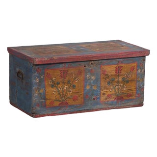 Antique Painted Folk Wood Trunk For Sale