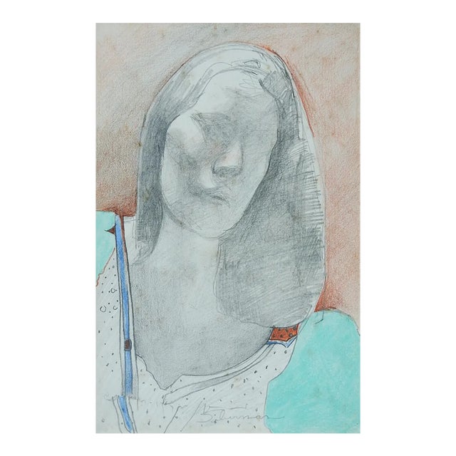 Small Mid 20th Century Modernist Color Portrait Drawing For Sale