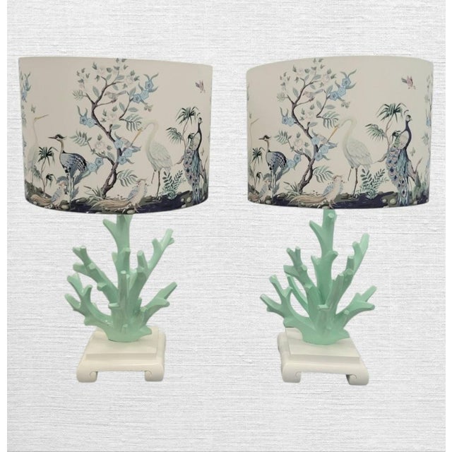Light Green Vintage Faux Mint Green Coral Coastal Table Lamps With Chinoiserie Bird Branch Shades- A Pair For Sale - Image 8 of 8