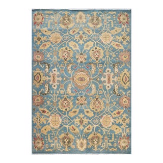 Afghan Sultanabad Wool 6x9 Light Blue, Olive Green & Yellow Handmade Area Rug #1144039 For Sale