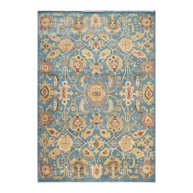 Afghan Sultanabad Wool 6x9 Light Blue, Olive Green & Yellow Handmade Area Rug #1144039 For Sale