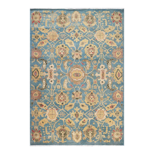 Afghan Sultanabad Wool 6x9 Light Blue, Olive Green & Yellow Handmade Area Rug #1144039