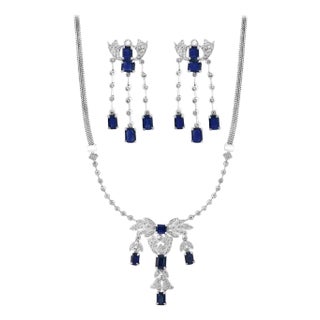 Agi Natural Blue Sapphire & Diamond Necklace 18 Karat White Gold, Suite, Estate For Sale