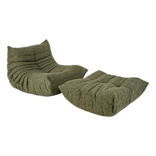 Togo Lounge Chair and Khaki Tweed Fabric by Michel Ducaroy for Ligne Roset, 1973, Set of 2 For Sale