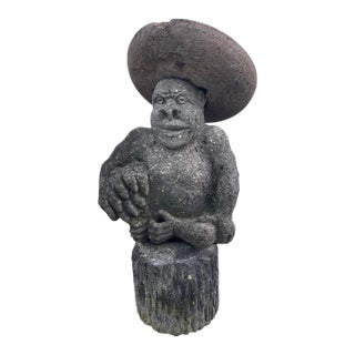 Vintage Hand-Carved Volcanic Stone Whimsical Monkey With Sombrero & Bananas Garden Statue For Sale
