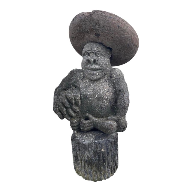Vintage Hand-Carved Volcanic Stone Whimsical Monkey With Sombrero & Bananas Garden Statue For Sale